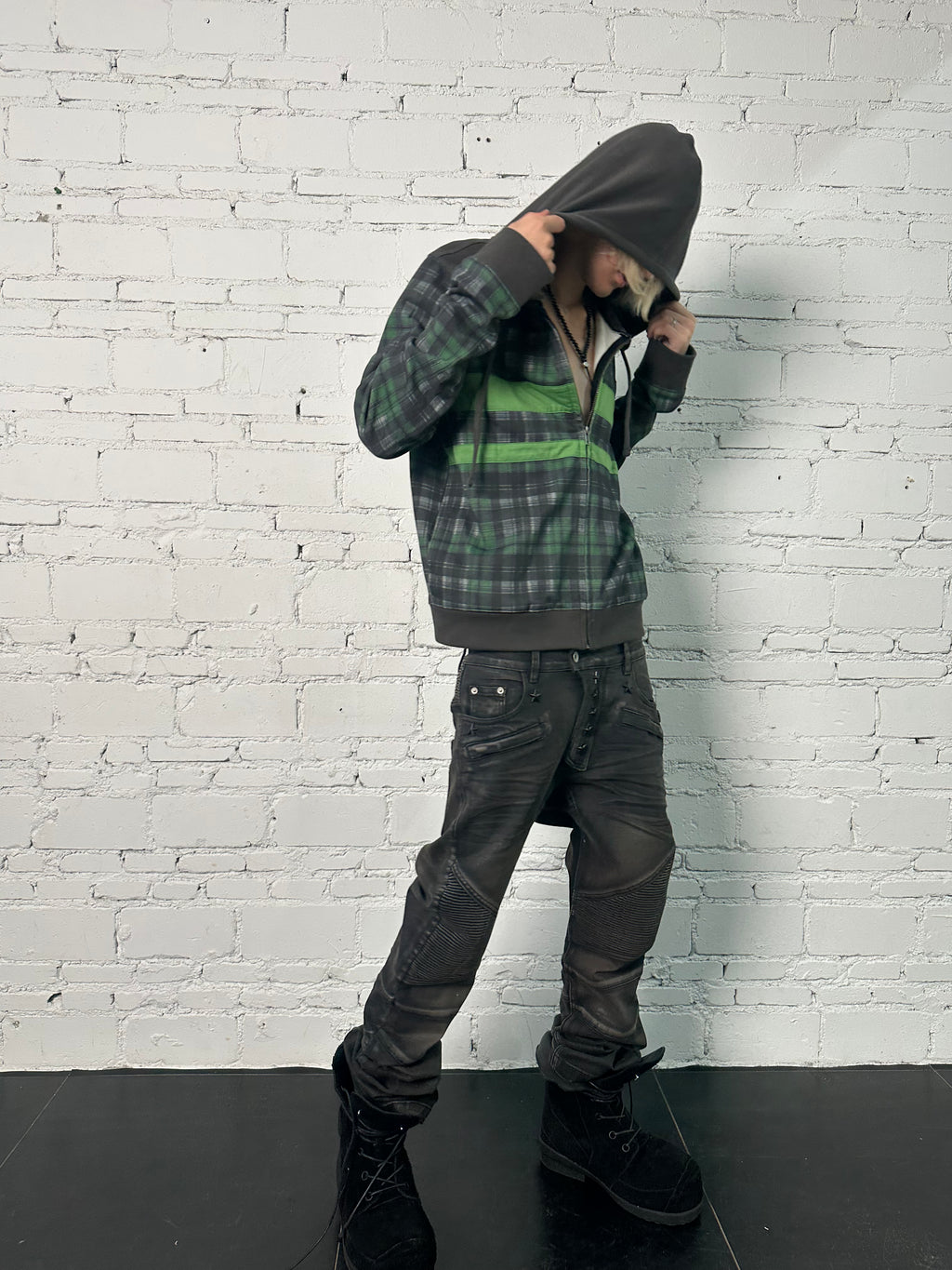 LEOPARD PLAID PATCH COLOR BLOCK HOOD JACKET