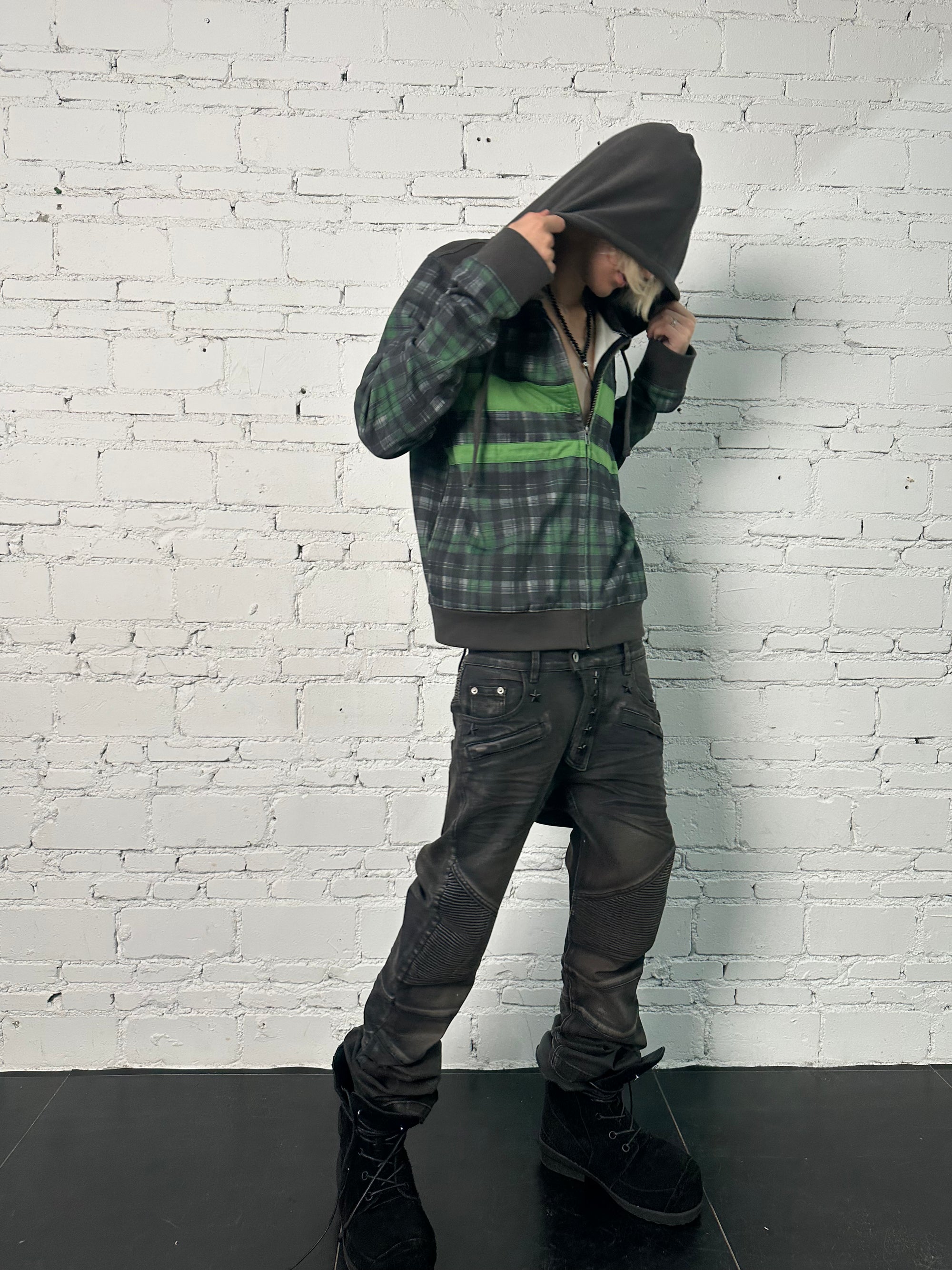 LEOPARD PLAID PATCH COLOR BLOCK HOOD JACKET