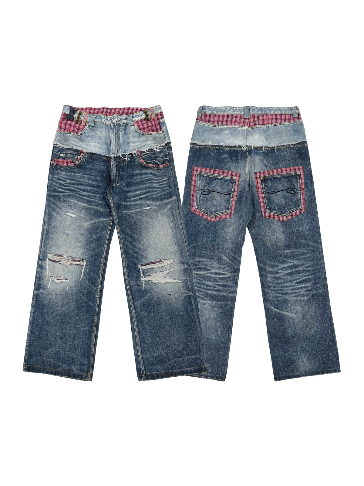 PLAID DOUBLE-WAIST JEANS