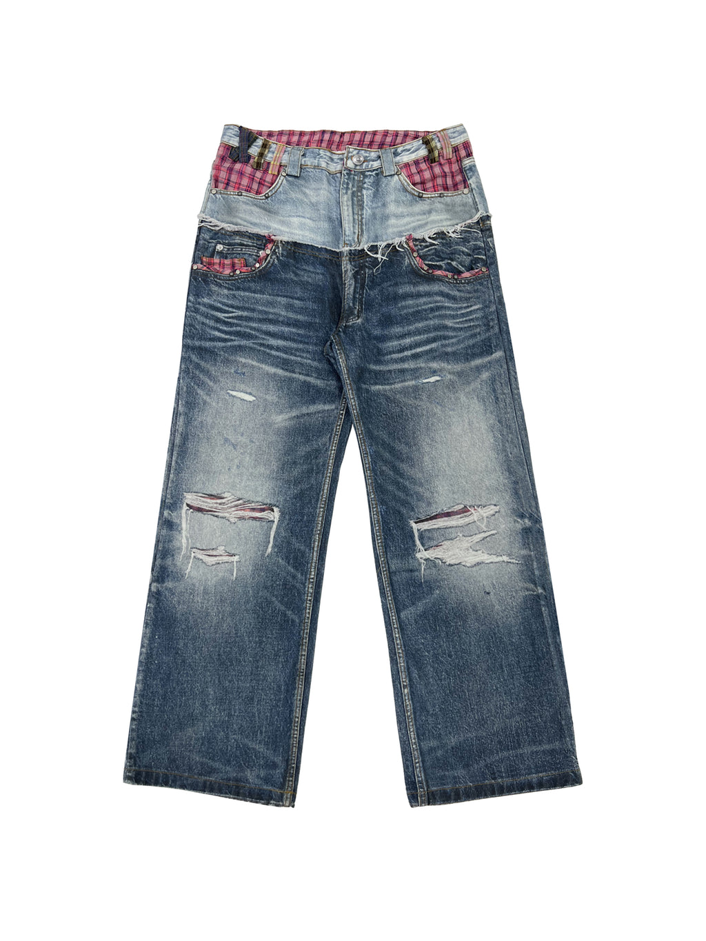 PLAID DOUBLE-WAIST JEANS