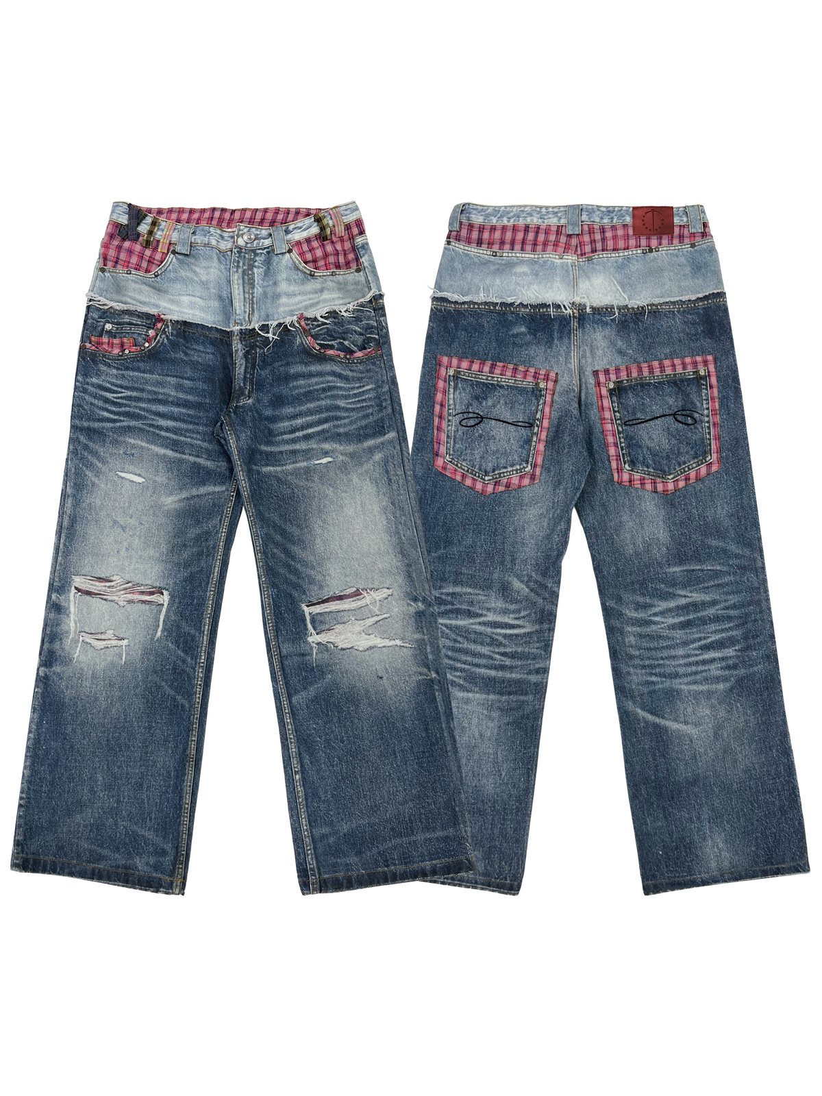 PLAID DOUBLE-WAIST JEANS