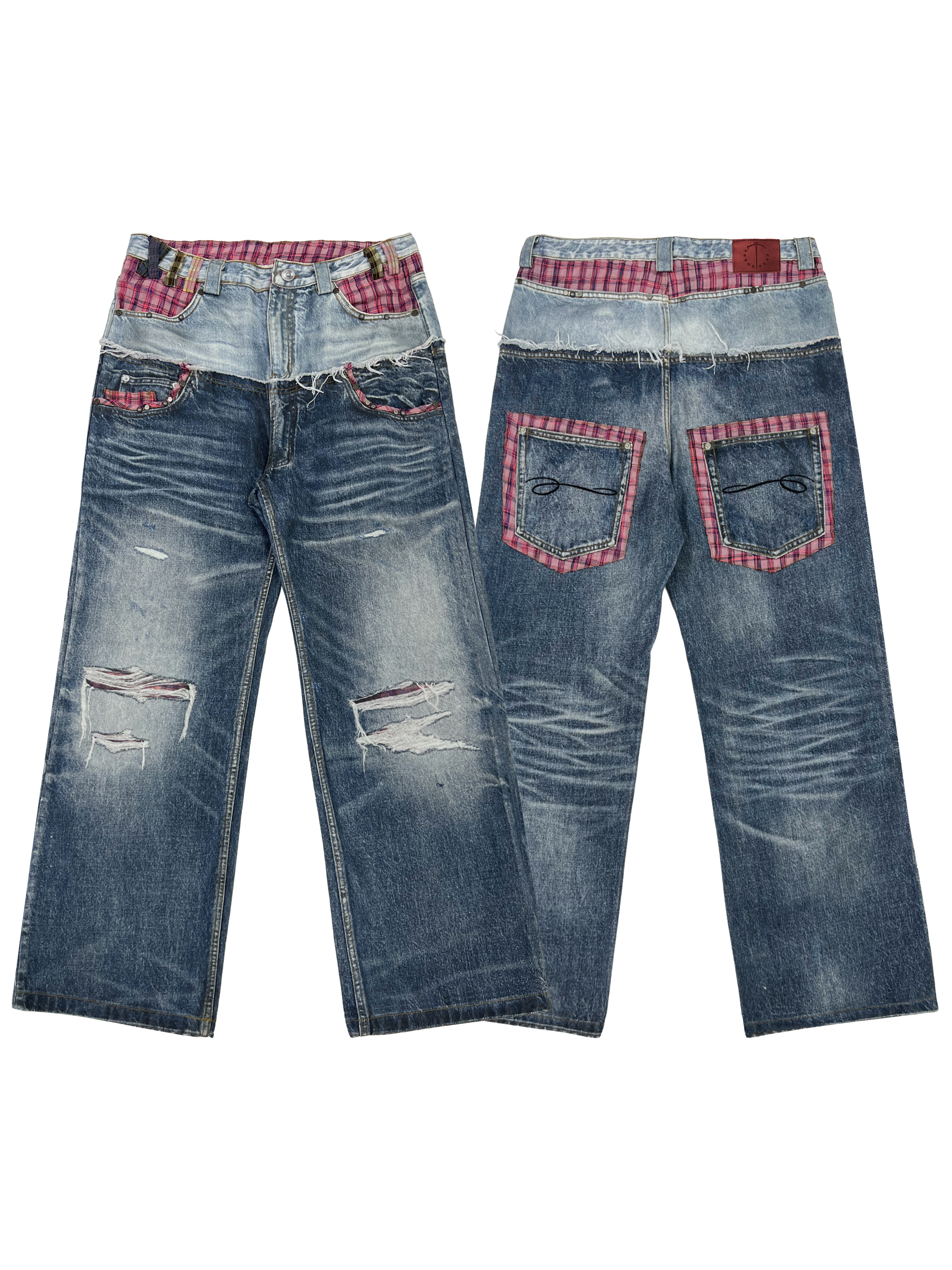PLAID DOUBLE-WAIST JEANS