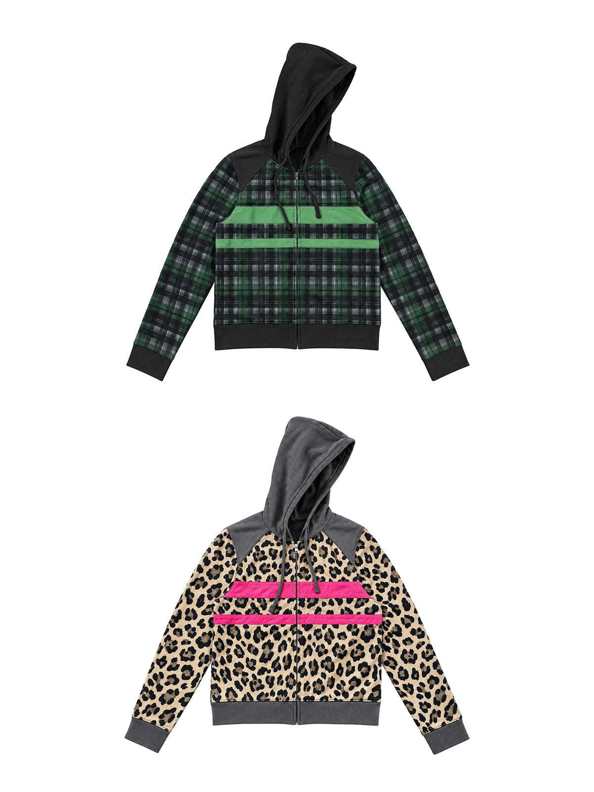 LEOPARD PLAID PATCH COLOR BLOCK HOOD JACKET