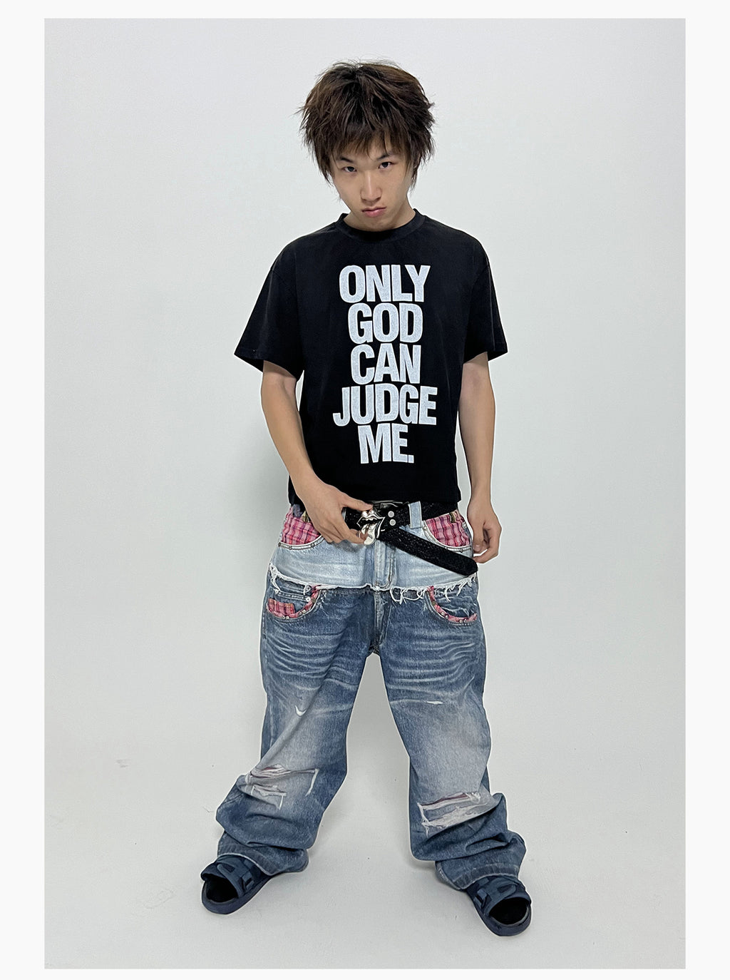 PLAID DOUBLE-WAIST JEANS