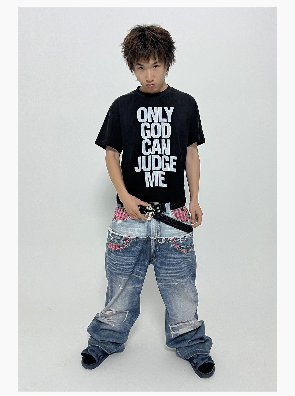 PLAID DOUBLE-WAIST JEANS