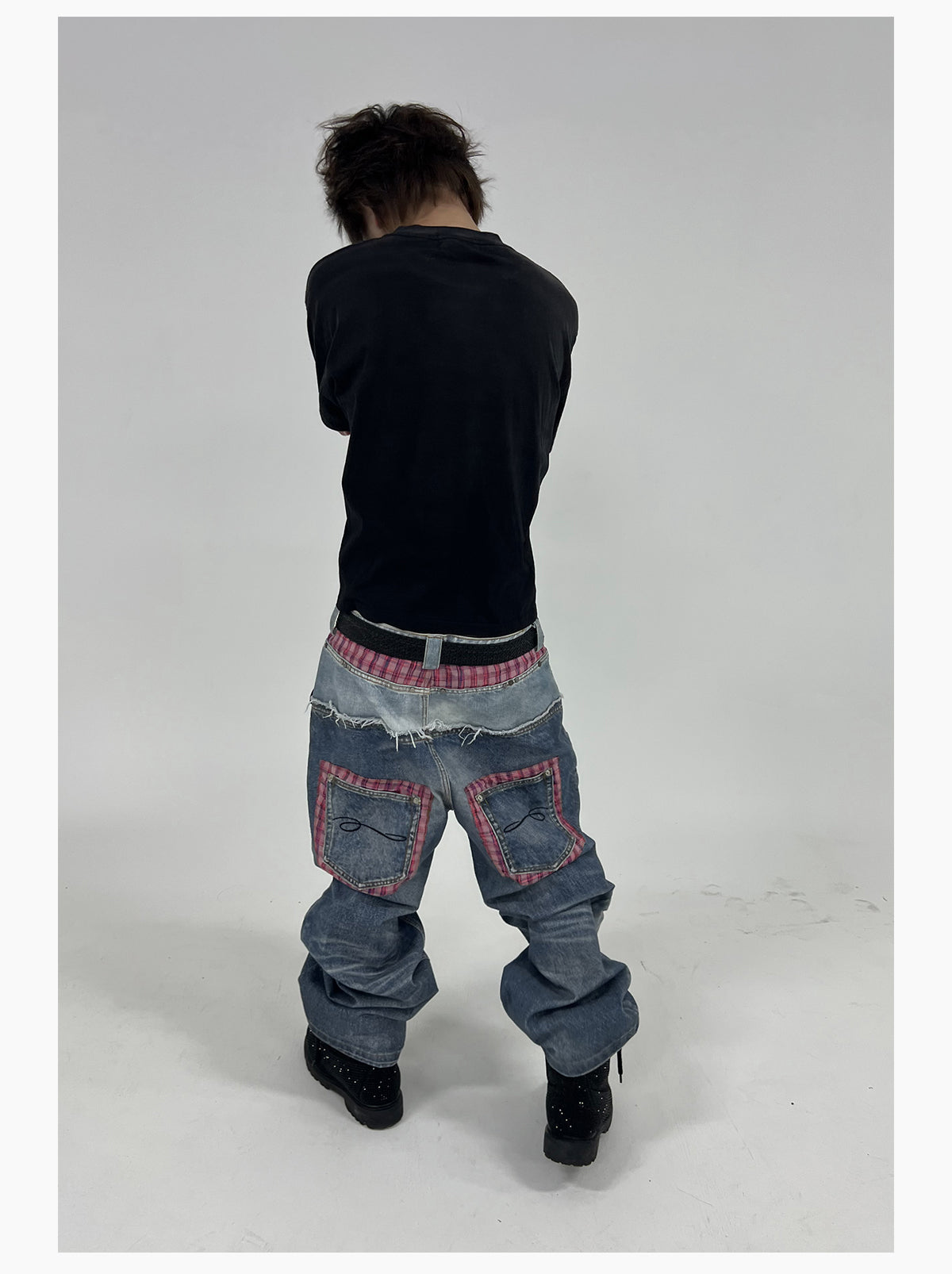 PLAID DOUBLE-WAIST JEANS