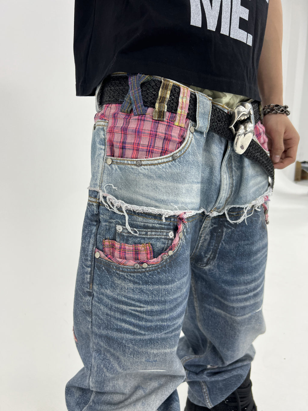 PLAID DOUBLE-WAIST JEANS