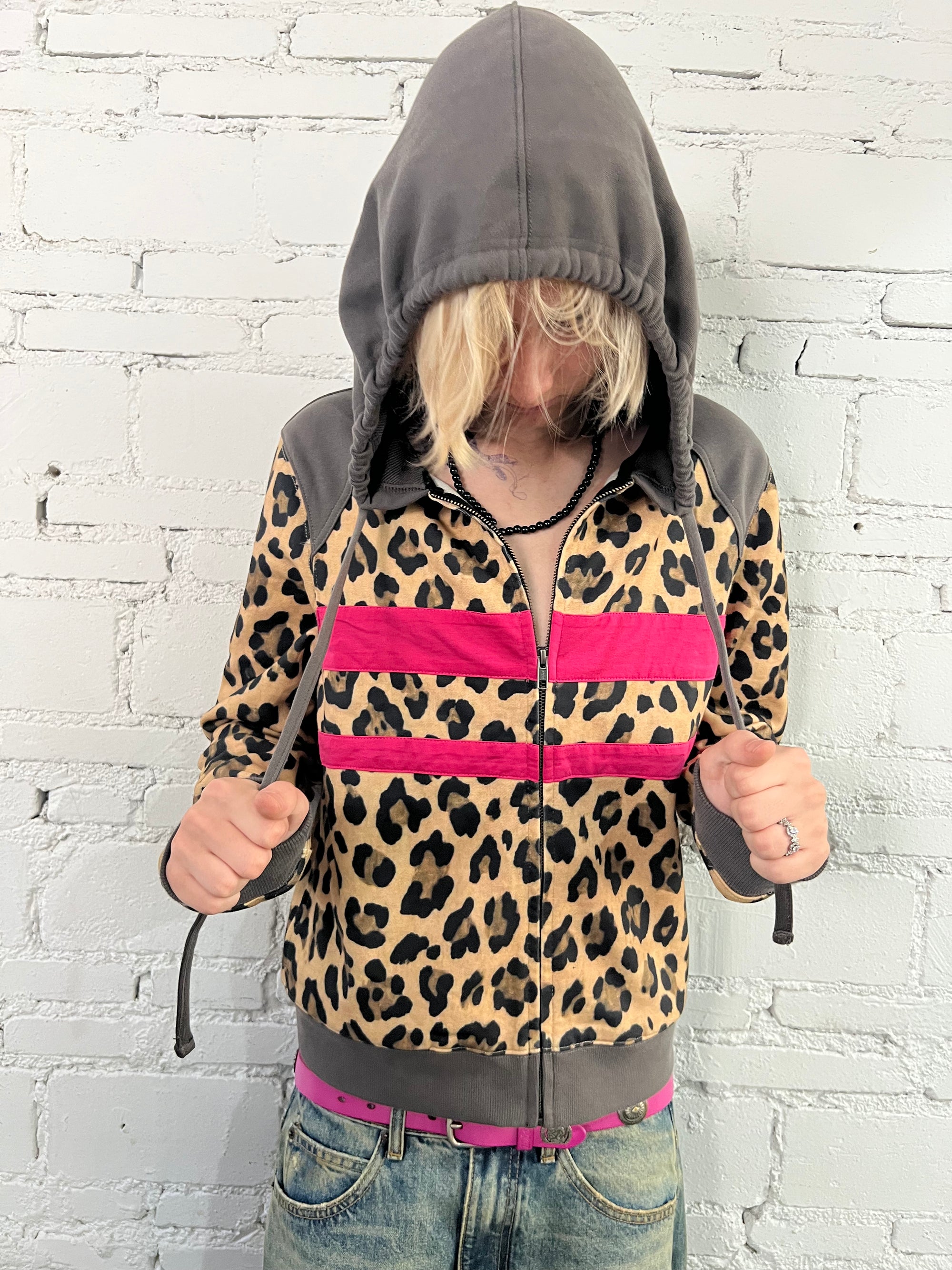 LEOPARD PLAID PATCH COLOR BLOCK HOOD JACKET