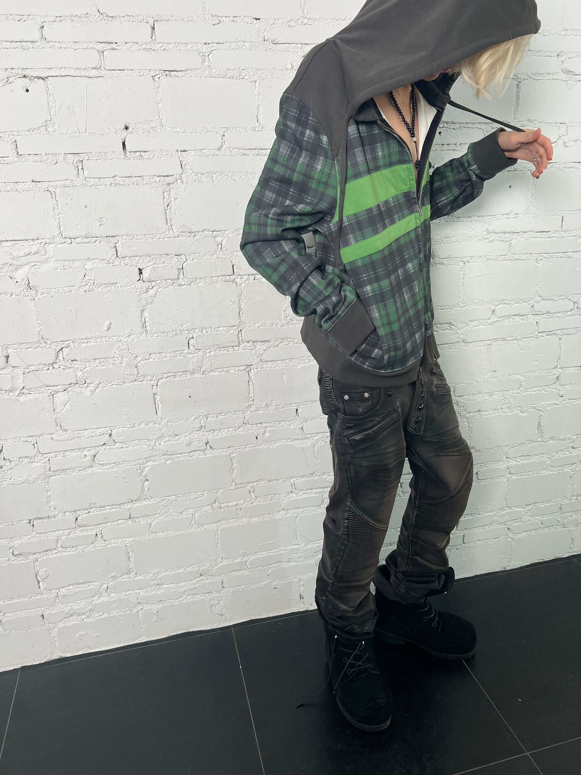 LEOPARD PLAID PATCH COLOR BLOCK HOOD JACKET