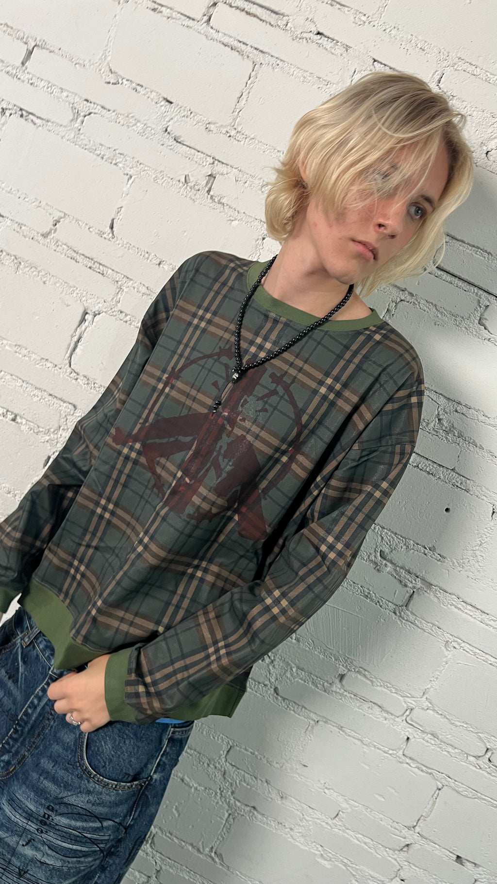 PLAID MONOGRAM ANTI-WAR AK PRINT LONG SLEEVE
