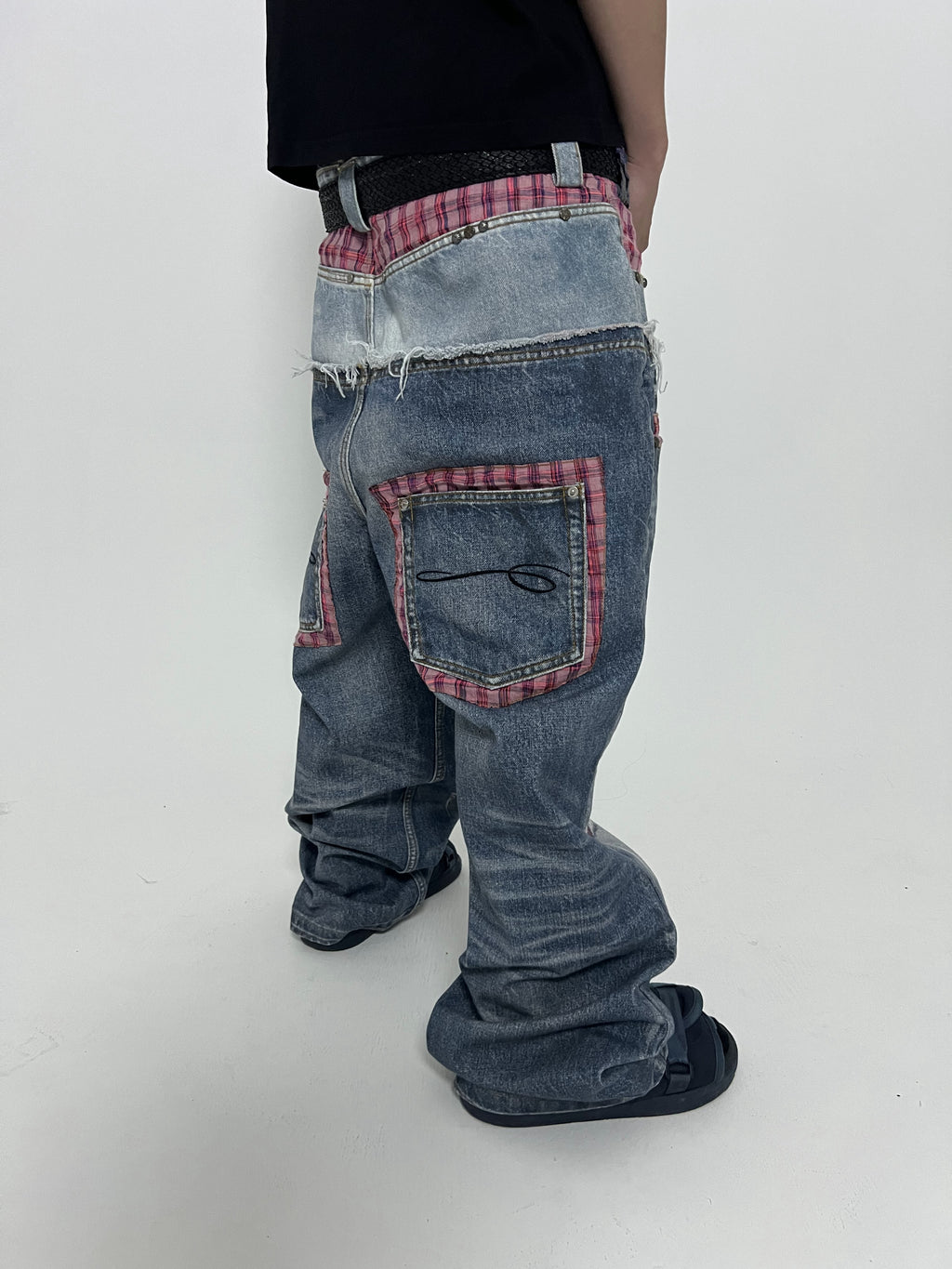 PLAID DOUBLE-WAIST JEANS